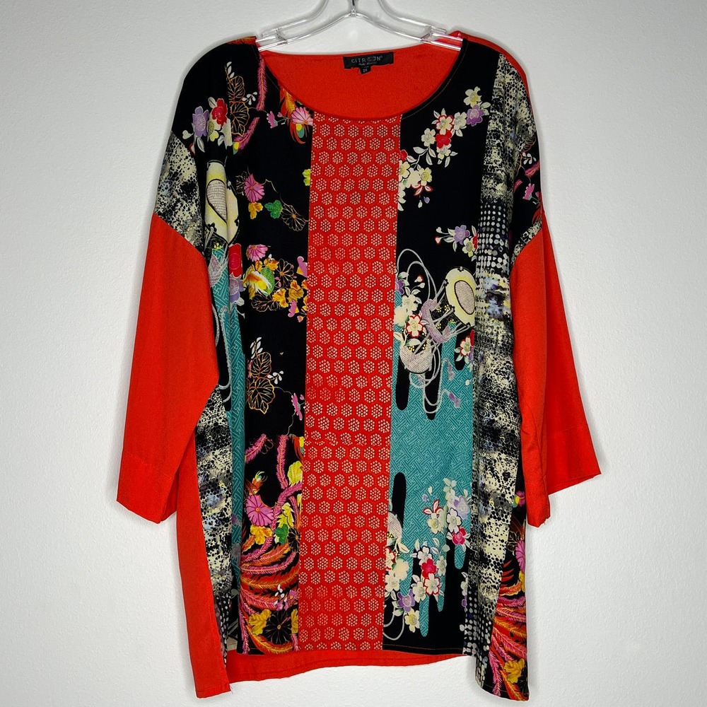 Citron Santa Monica Orange Asian Mixed Floral Print ¾ Sleeve Boxy Blouse Size 2X